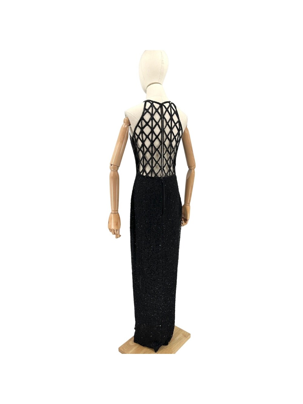 Vintage 90s Scala Black 100% Silk Beaded Lattice Back Gown